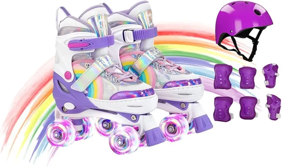 Patins 4 Rodas Infantil Arco-Íris com Kit de Proteção, Ajustável, Rodas de Poliuretano, Cadarço e Velcro, Unisex, com Proteções