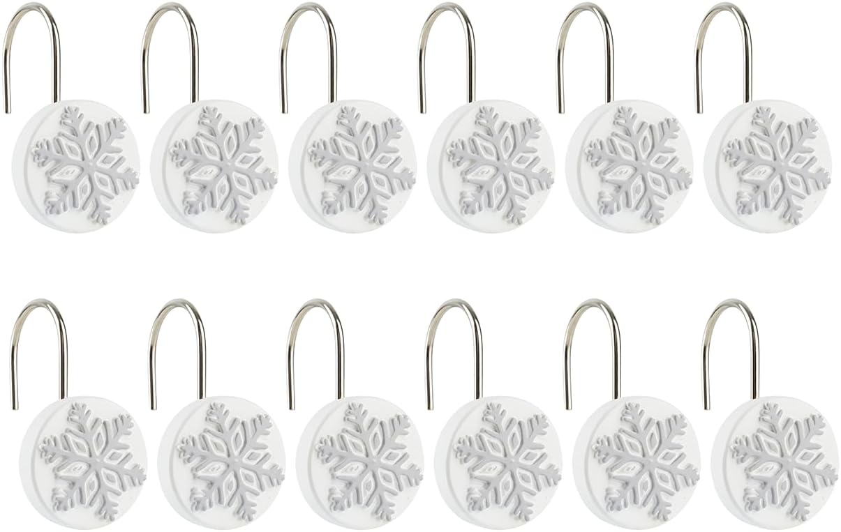 VCNY Home - Bathroom Set, Shower Curtain & Decorative Hooks, Non-Slip Bath Rug, Ceramic Countertop Accessories, Snowflake Printed (Holiday Collection, 16 Pieces)