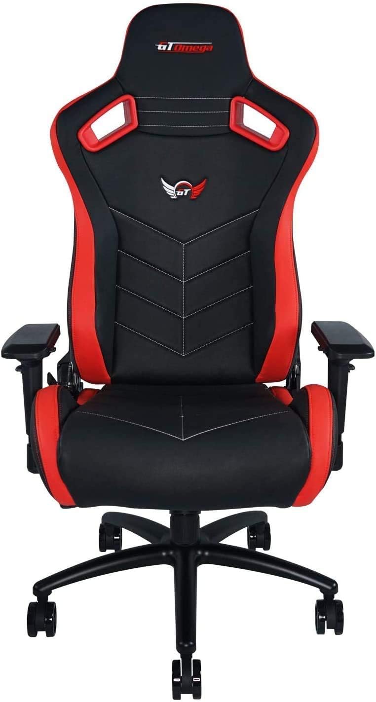 GT OMEGA Sport Racing Gaming Chair with Ergonomic Lumbar Support - Reclining High Back Home Office Desk Chair with Swivel, PVC Leather Esport Seat for Racing Console Experience - Black Next Red