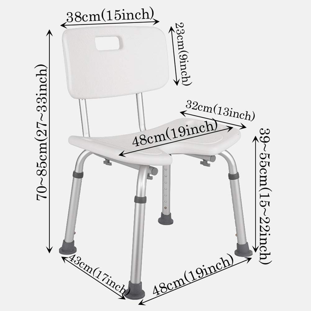 Aluminio Silla de Ducha con Respaldo y Reposabrazos,Antideslizantes Tipo-U Asiento de Ducha-Regulable en Altura,para Personas Mayores(Blanco)
