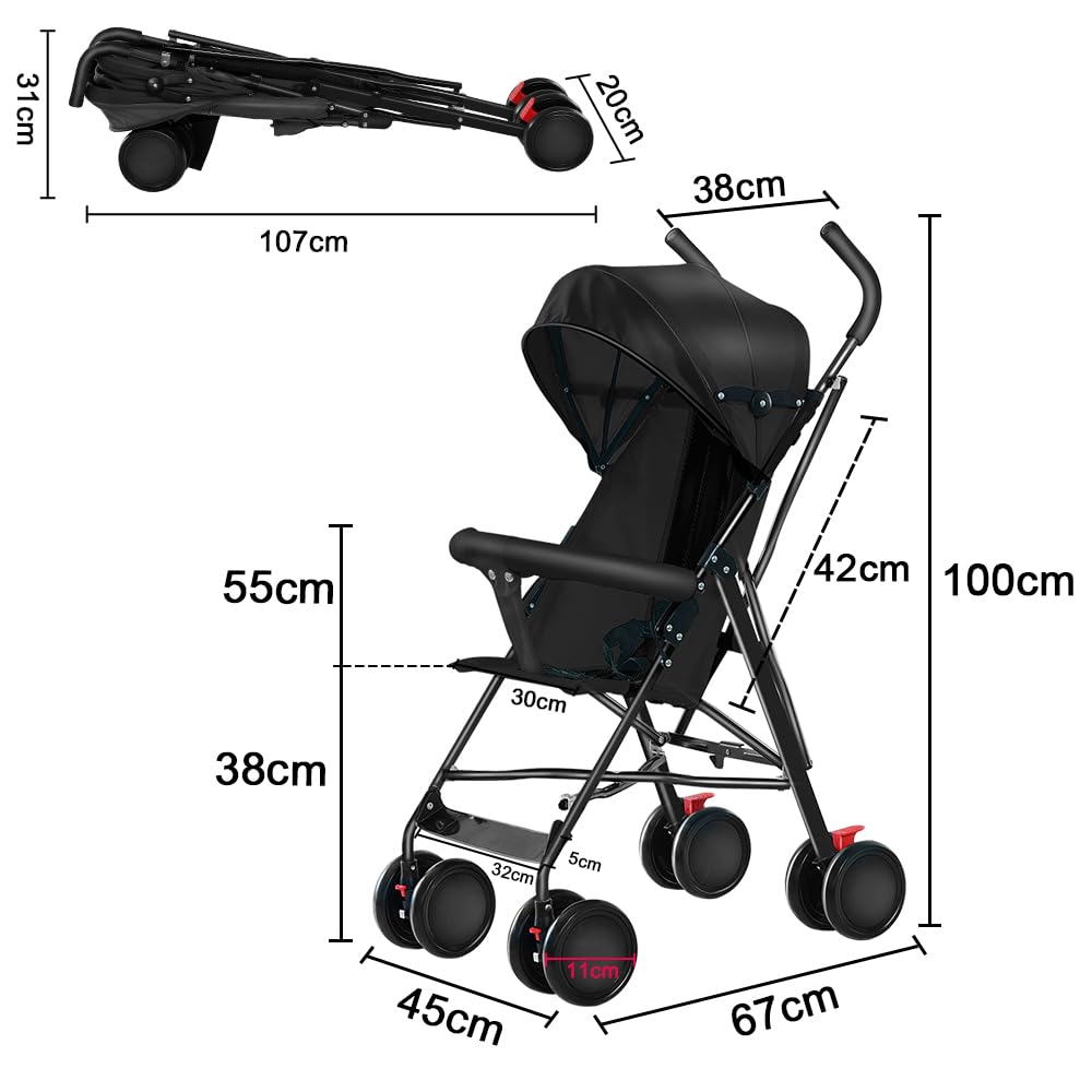 Poussette Canne Ultra Légère Compacte Pliable Inclinable Naissance à 25 kg avec Système Trolley Housse de Pluie Capote Extensible Noir