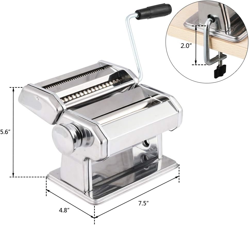 Manual Pasta Maker, Stainless Pasta Maker Machine, 2 in 1 with Cutter 6 Adjustable Thickness Settings, Noodle Optional 7mm & 2mm Width, with Non-Skid Base, for Spaghetti, Fettuccini, Ramen
