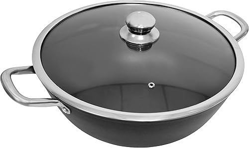 Miniatura 1 de Olla de hierro fundido para horno holandés wok antiadherente presazonado con tapa de vidrio templado 2 asas laterales caldero de 85 cuartos de galón