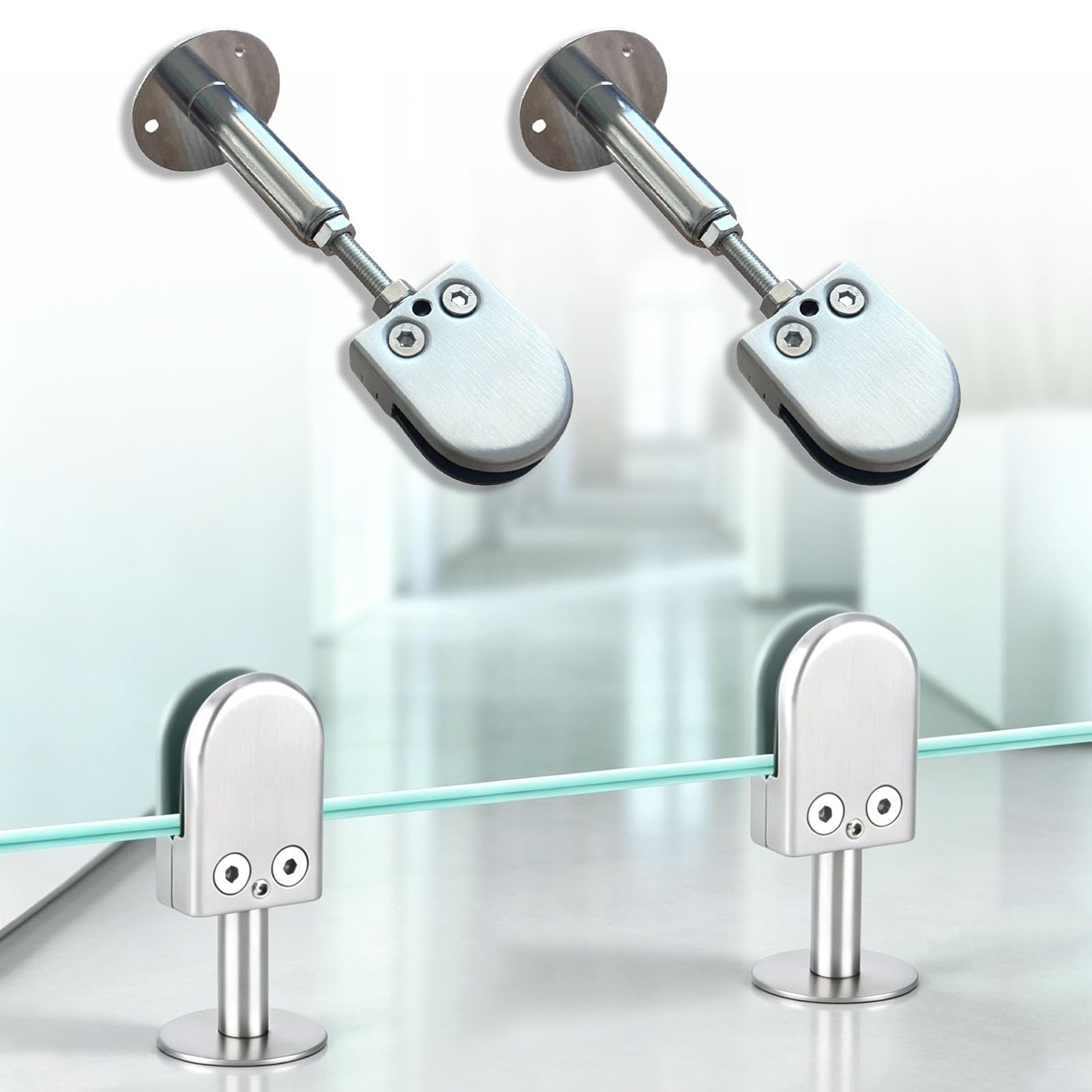 Vibeo Mampara Ducha Fija Barra de Soporte Antivibración para Cristal | 2 Unidades Barra de Soporte Ajustable de Ducha, Fijación de Techo/Suelo Al Cristal, Estabilizador de 8-10 mm Panel Sin Marco