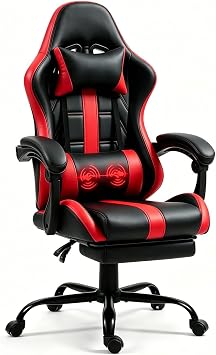 ECOTOUGE Red Gaming Chair,Ergonomic Massage Office Desk Chair with Footrest | 360 Swivel, Reclining, Thick High Back, Headrest & Lumbar Support, Adjustable Leather Gaming Chair