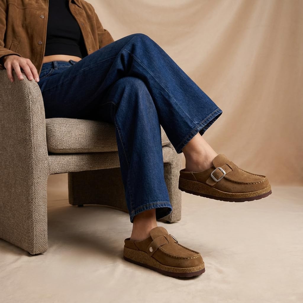 CUSHIONAIRE Hobby Genuine Leather Suede Mule Clogs for Women with Buckle Strap and Cork Footbed, Supportive All-Day Comfort in Womens Shoes - Image 7