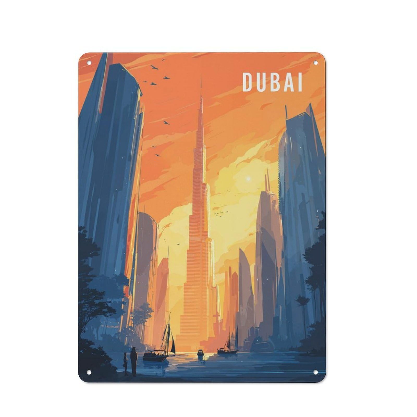 Dubai Skyline Illustration Rustic Tin Sign 40x30cm for Pub Or Café, for Collectors Building A Themed Wall Display