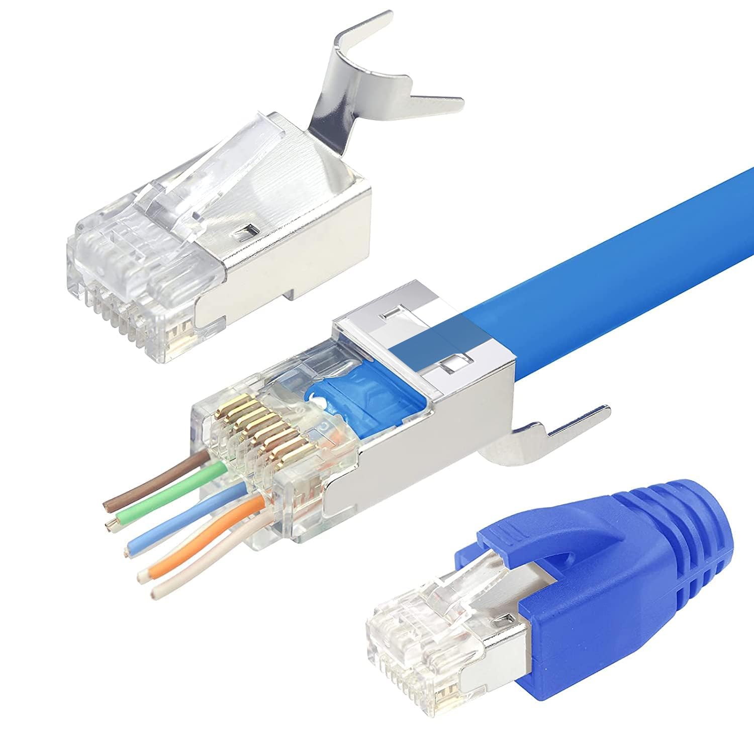 Conector Directo RJ45 Cat7 Cat6A, Conector Modular Chapado en Oro de 50 μ de 3 Pines, Extremo Ethernet con Funda de Alivio de tensión(50PCS,Blue)