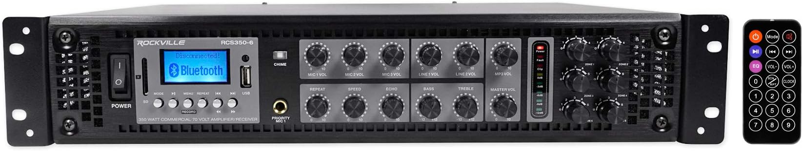 RCS350-6 350W 6 Zone 70V Commercial Amplifier, Bluetooth, USB, Optical, Rack Mount, for Restaurants and Offices