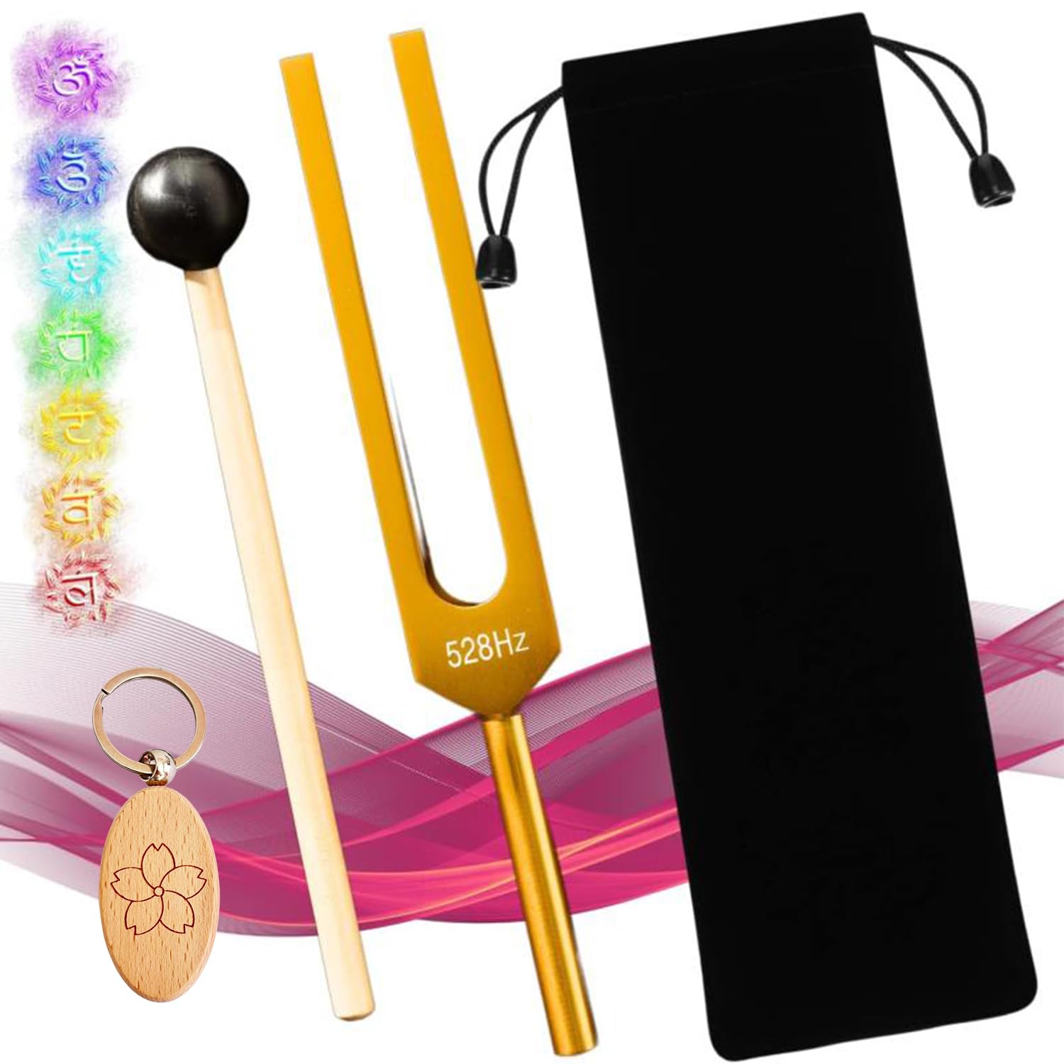 音叉 528hz セット チューナー チューニングフォーク チューナー 音叉 ヒーリング 音叉 浄化 天使の音色 ストレス解消 睡眠 ヨガ チャクラ 瞑想 癒し ラバーマレット 収納ポーチ付き (ゴールド)