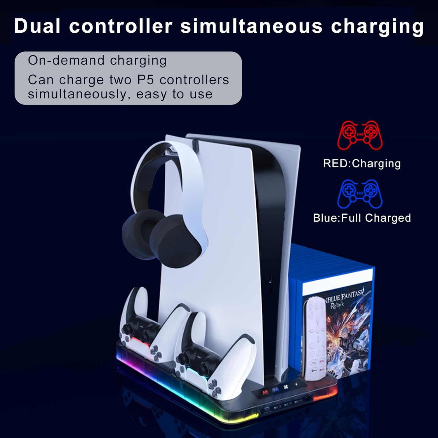 قاعدة شحن يد تحكم PS5 بثلاثة منافذ USB مع مروحة تب...