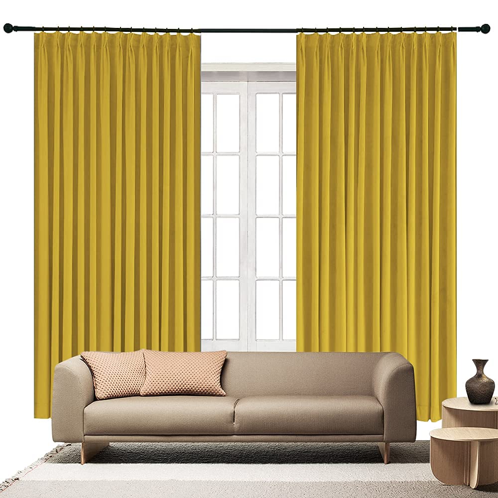 Double Pinch Pleated Blackout Polyester Curtains for Room Darkening with Easy Hanging Option Via Back Hooks (Gold 62 inch Wide by 108 Inch Long- 2 Pannels Combined Size)