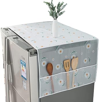 Refrigerator Fridge Dust-Proof Cover Washing Machine Cover PEVA Material Waterproof Cover with Storage Pockets Bags Fridge Dust Cover Oven Cover Multi-Purpose Top Covers Double Door, Flowers 1