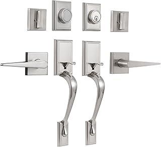 NeuType Double Door Lock Set Double Door Handle Set Front Door Handle Sets,Entrance Handle Set with Dummy,with Single Cylinder Deadbolt and Lever Handle, Satin Nickel (S-S117-USAM022-vc)