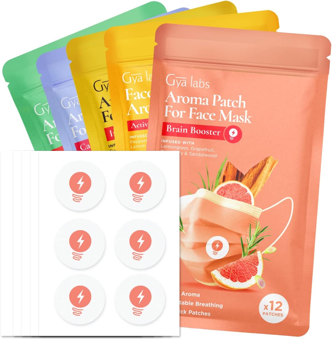 Gya Labs Combo Pack Aroma Stickers for Masks - 100% Pure Natural Essential Oil Aromatherapy Stickers to Refresh Breath for Facial Masks & Pillows, 5 Packs-60 Patches