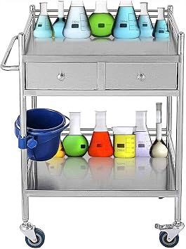 GUNEL Medical Trolley Cart Dental Lab Cart 2 Layers 2 Drawer Stainless Steel Lab Trolley Medical Equipment Portable Serving Trolley on Wheels