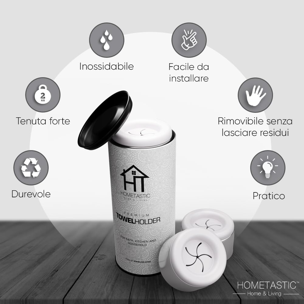 Set di 4 portasciugamani di alta qualità, per bagno, cucina e casa, in acciaio inox, porta strofinacci, ganci per asciugamani, rotondi, cromati, autoadesivi senza forature (bianco)