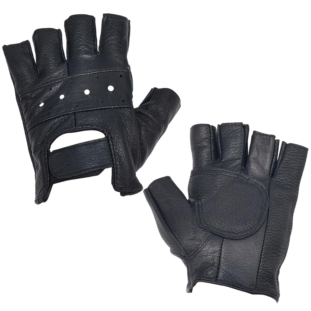 CALFOVERA 1 Pair Genuine Leather Gothic Half Finger Gloves Retro Perforated Punk Real Leather Palm Fingerless Motorcycle Hand Gloves for Women Men Performance Costume Cosplay Driving Bike Driving