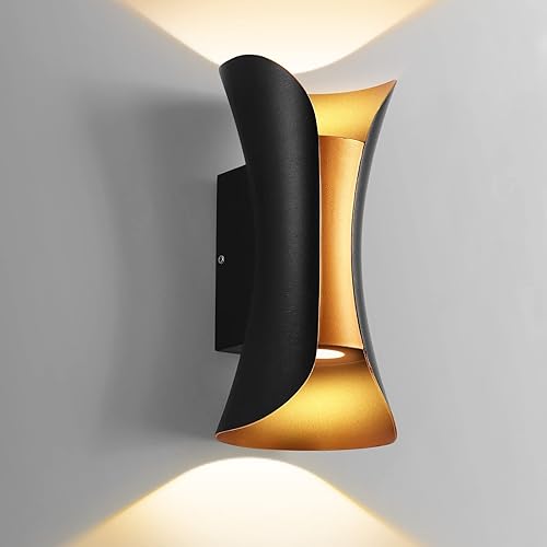 keyearth Lámpara de pared LED industrial para exteriores, aplique de pared impermeable para porche, pasillo, puerta y patio (negro dorado)