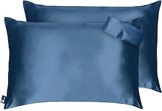 THE WOOD WHITE Mulberry Silk Pillow Cover Set of 2 with Sleeping Eye Mask. 17" x 27" Soft Ultra Smooth Pillow Cover for Hair and Skin. Shiny Silk Pillowcase Saphire Blue