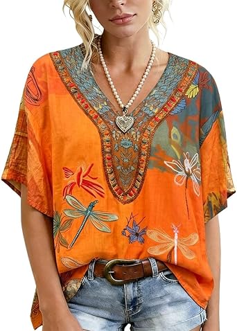 Womens Boho Retro Floral Dragonfly Embroidered Top V-Neck Cotton Casual Blouse