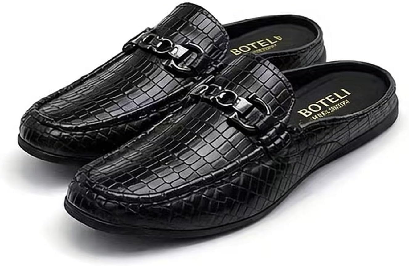 Women's Croc-Embossed Leather Closed Toe Mules Slip On Flat Slides with Metal Buckle, Breathable Comfortable Loafers for Business Office, Casual Outing