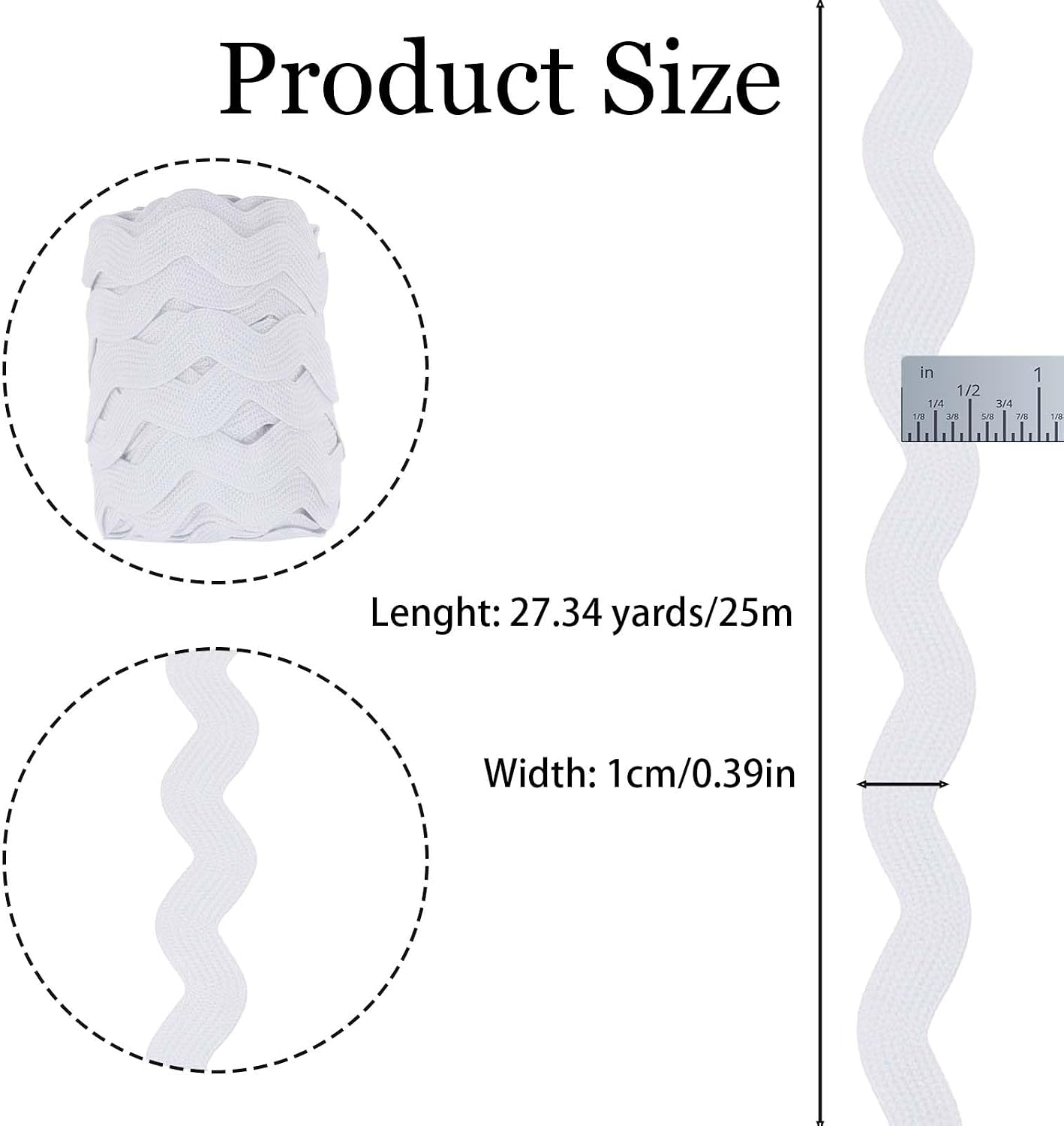 27.5 Yards Rick Rack Trim, 3/8 Inch Wide White Wave Bending Fringe Trim, Braided Woven Zig Zag Ribbon for DIY Sewing Crafts, Wedding Dresses, Costumes, Party Decorations and Garment Making