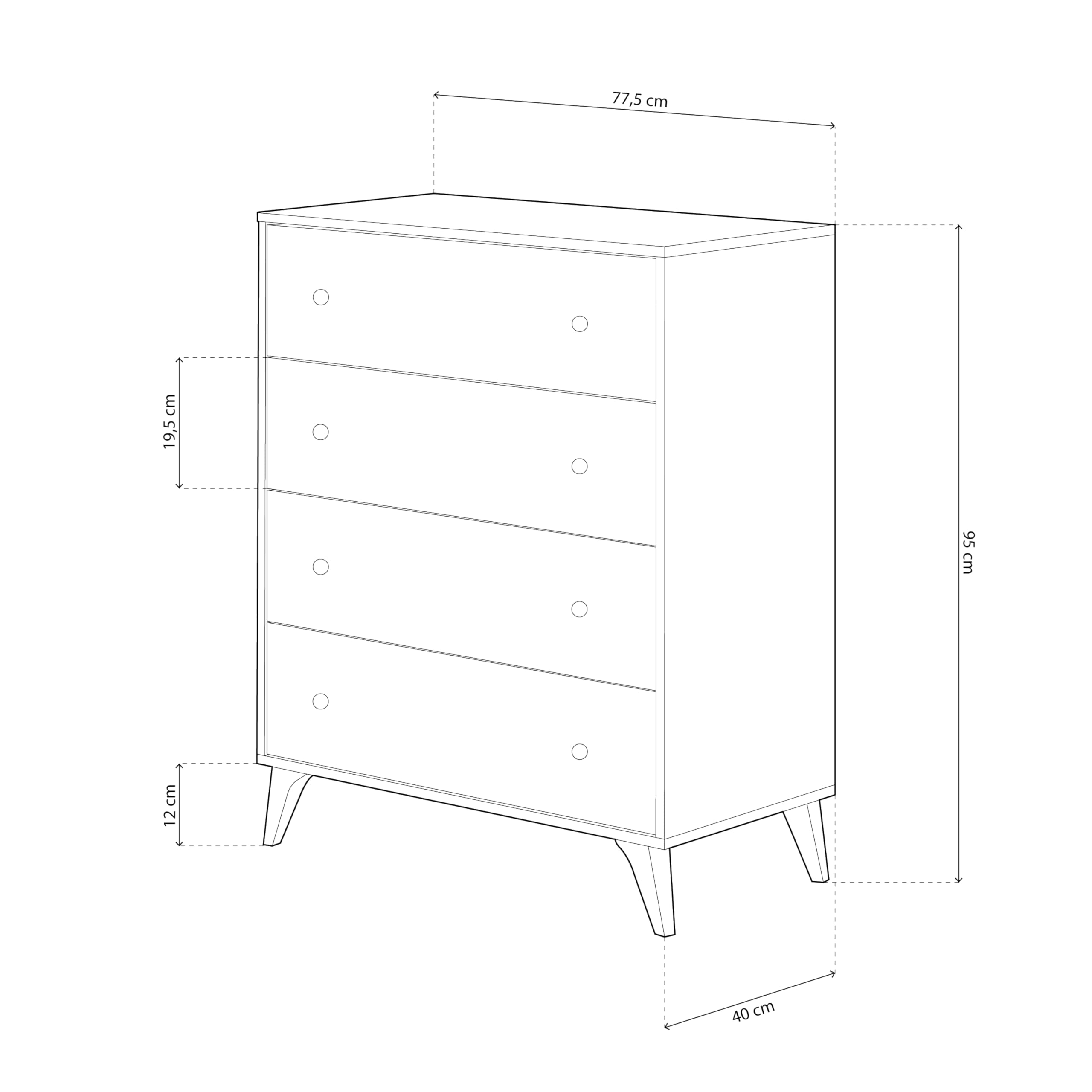 duehome | Comoda de 4 Cajones para Dormitorio, Cajonera Dormitorio, Modelo Iconic, Acabado en Blanco Artik y Negro, Medidas: 77,5 cm (Largo) x 95 cm (Alto) x 40 cm (Fondo)