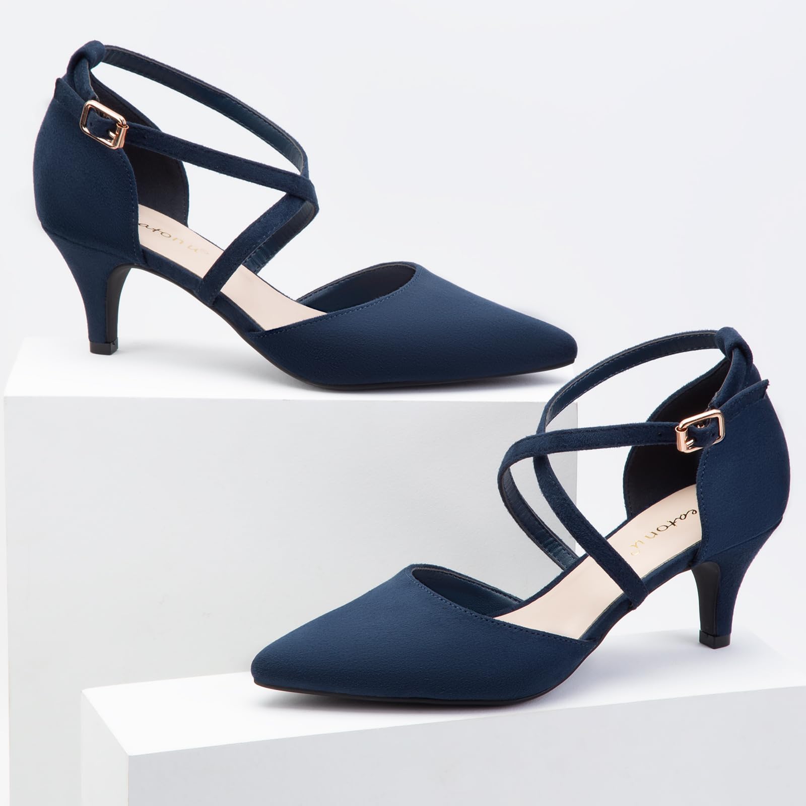 Greatonu Women's Pointed Toe Court Shoes with Ankle Strap and Kitten Heel