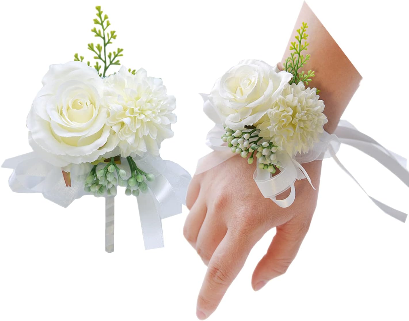 2 Pack Flower Wrist Corsage Boutonniere Set,3" Artificial Rose and Carnation Handmade Silk Flower for Wedding Flowers Accessories Prom Suit Decor(White)