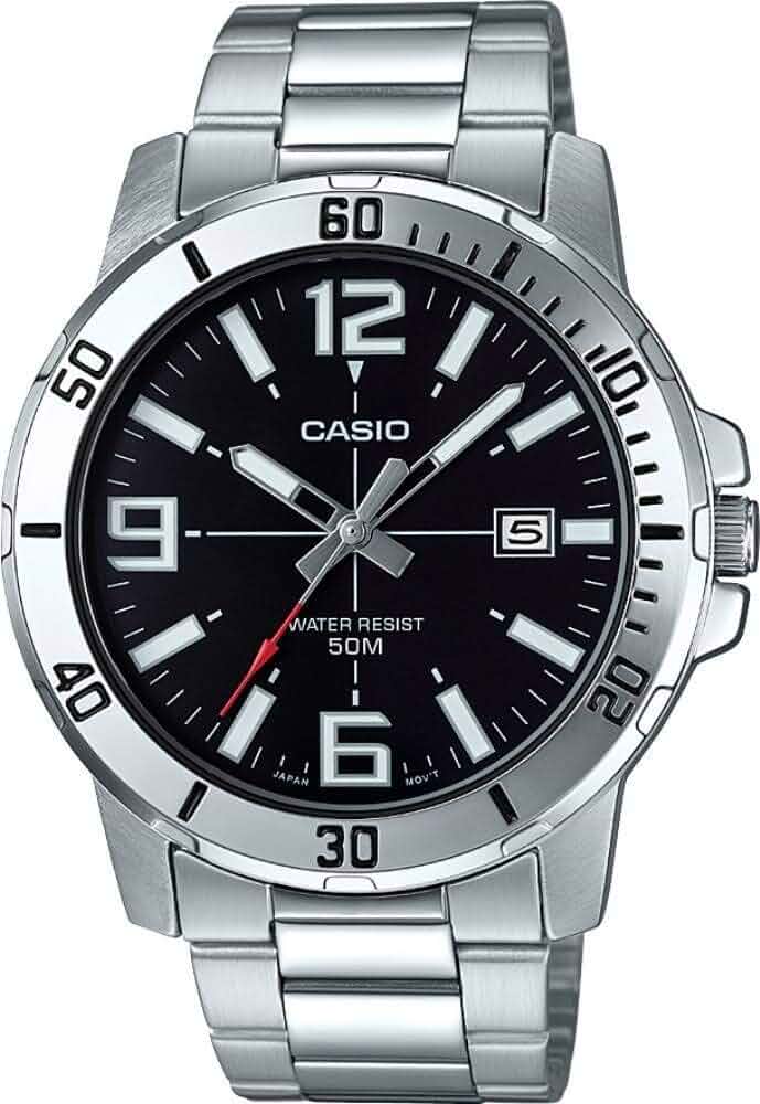 Casio MTP-VD01D-1BV Men's Enticer Stainless Steel Black Dial Casual Analog Sporty Watch, Silver, 48×42×10.7mm, Quartz Movement Stainless Steel