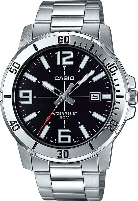 Casio MTP-VD01D-1BV Men's Enticer Stainless Steel Black Dial Casual Analog Sporty Watch, Silver, 48×42×10.7mm, Quartz Movement