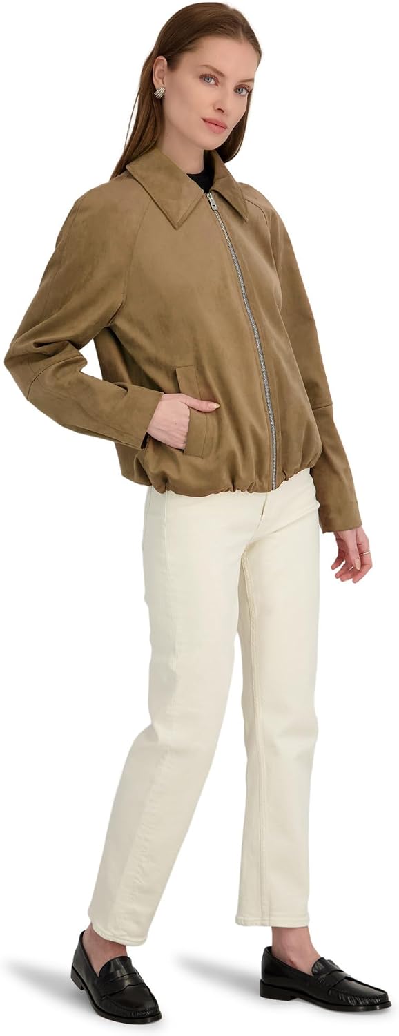 TAHARI Women's Kora Faux Suede Bomber Jacket – Soft Faux Suede Raglan Sleeve Bomber Cinched Hem