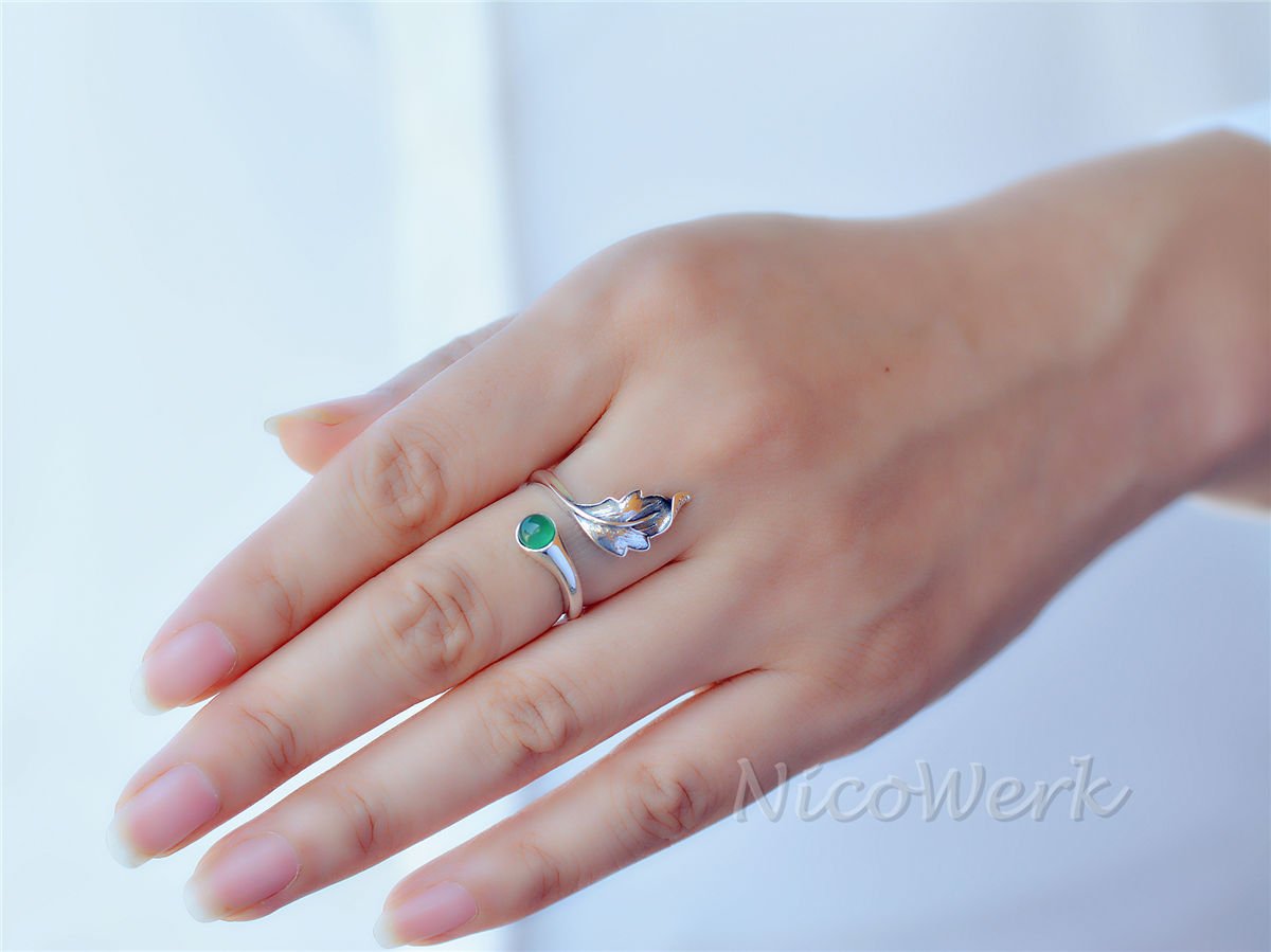NicoWerk Silberring Feder Vintage Chalcedon Mit stein Grün Ethno Ring Silber 925 Verstellbar Damenringe Damen Schmuck Sterling SRI264