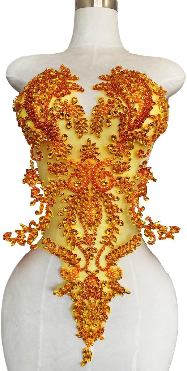Handmade Bodice Rhinestones Applique Sewing Glass Beads Big Stones Crystal Trim Lace Patches Perfect Decoration Accessories for Dress Clothing (Gold)