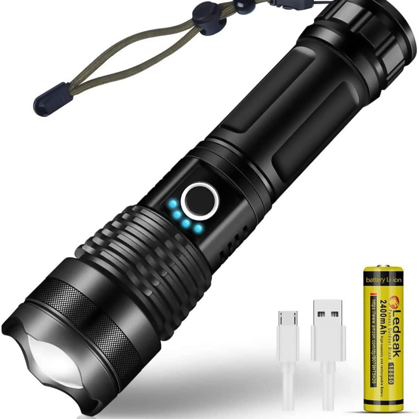 Latarka LED ładowana przez USB. Latarka taktyczna, super jasna, mocna 3000 lumenów, 5 trybów, wodoodporna latarka z zoomem, na kemping, wędrówki, na świeżym powietrzu (bateria w zestawie)