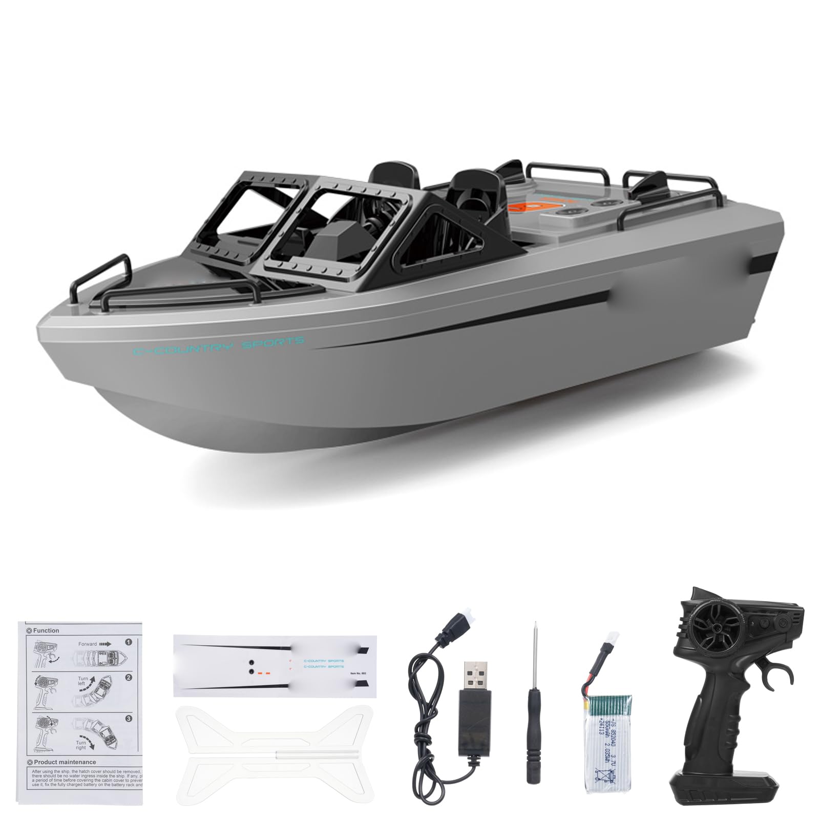 Barco de Control Remoto Barco RC Mini Juguete Eléctrico Lago de Control Remoto 2.4G Antiinterferencia 10 KM/H 18 Min Motor sin Escobillas Servo Hermético para Piscina (Gris)