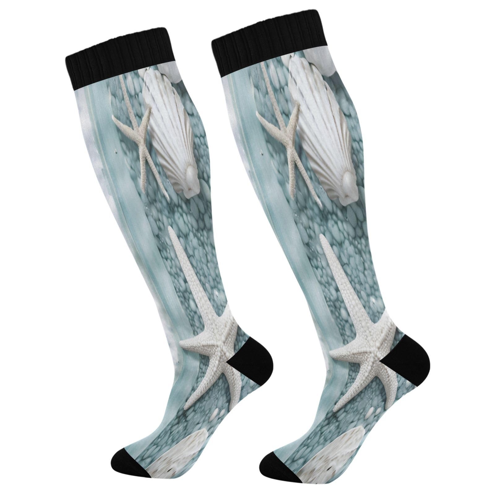 CEBUGI Shell Pattern Compression Long Socks Women Men Knee High Running Socks for Sports Hiking Travel,2 pair