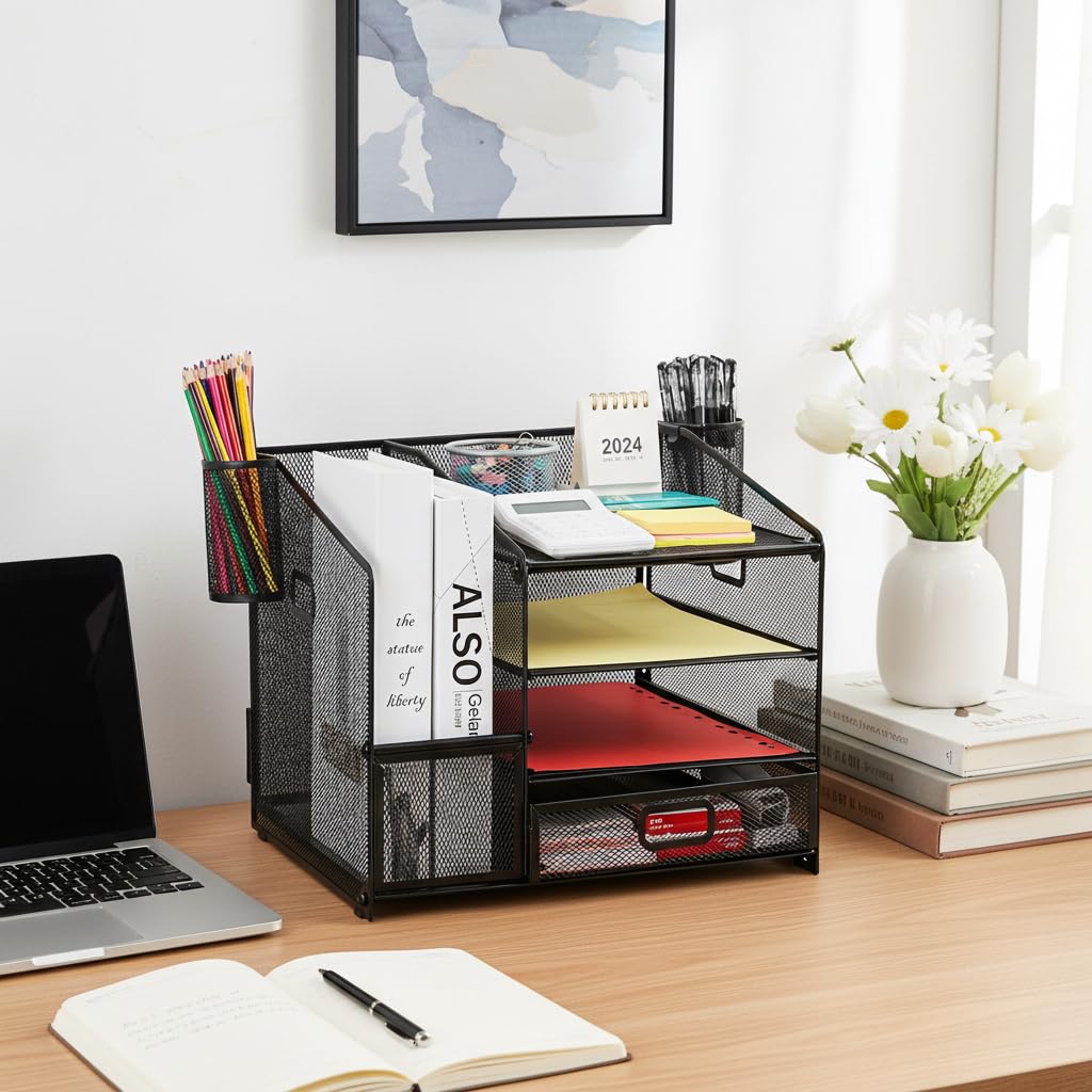 HASTHIP® Organizer da scrivania in rete metallica con scomparti multipli, cassetto e portapenne, organizer da scrivania per libri, quaderni, cancelleria e forniture