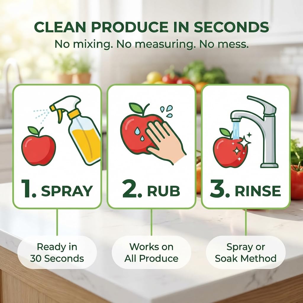 Truly Free Kit de iniciación de lavado natural de frutas y verduras, limpiador de verduras y productos orgánicos y lavadora de frutas, suministros para la salud y el hogar, botella de spray de 16