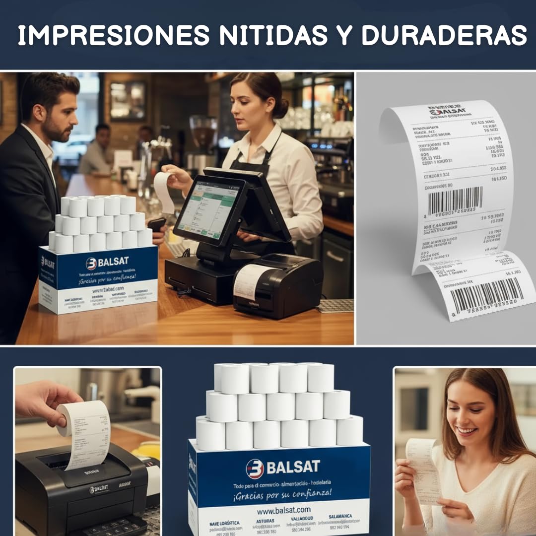 BALSAT Rollo de Papel Térmico 80x80mm | Para Impresora Térmica TPV | Caja 50 Uds de Papel Térmico para Impresora de Tickets | Rollo Térmico 80x80 de Calidad para Papelería, Negocio y Caja