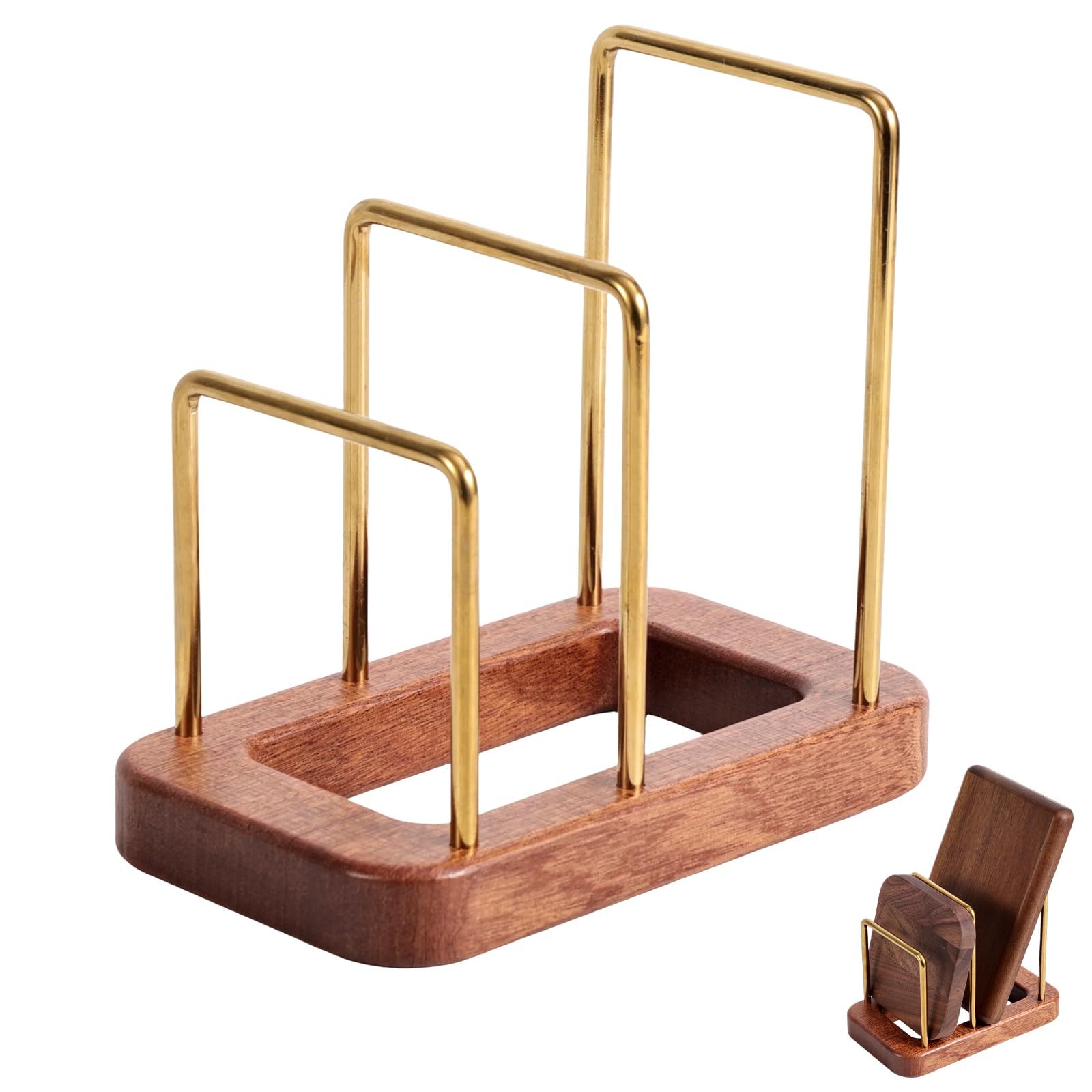 Goktvai Chopping Board Holder, Cutting Board Rack with Wooden Base Multi-Tiered Pot Lids Storage Rack Plates Organizer Cabinet Storage Divider Accessory for Kitchen Countertops