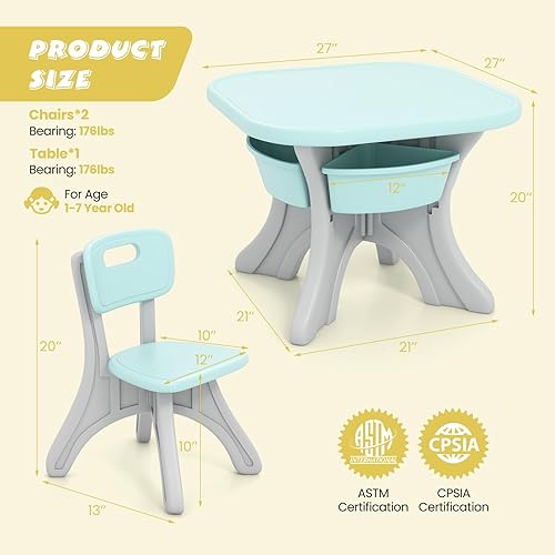 Miniatura 21 de DORTALA Juego de mesa y silla para niños, mesa de actividades de plástico para niños y 2 sillas con cubos de almacenamiento, mesa y sillas para