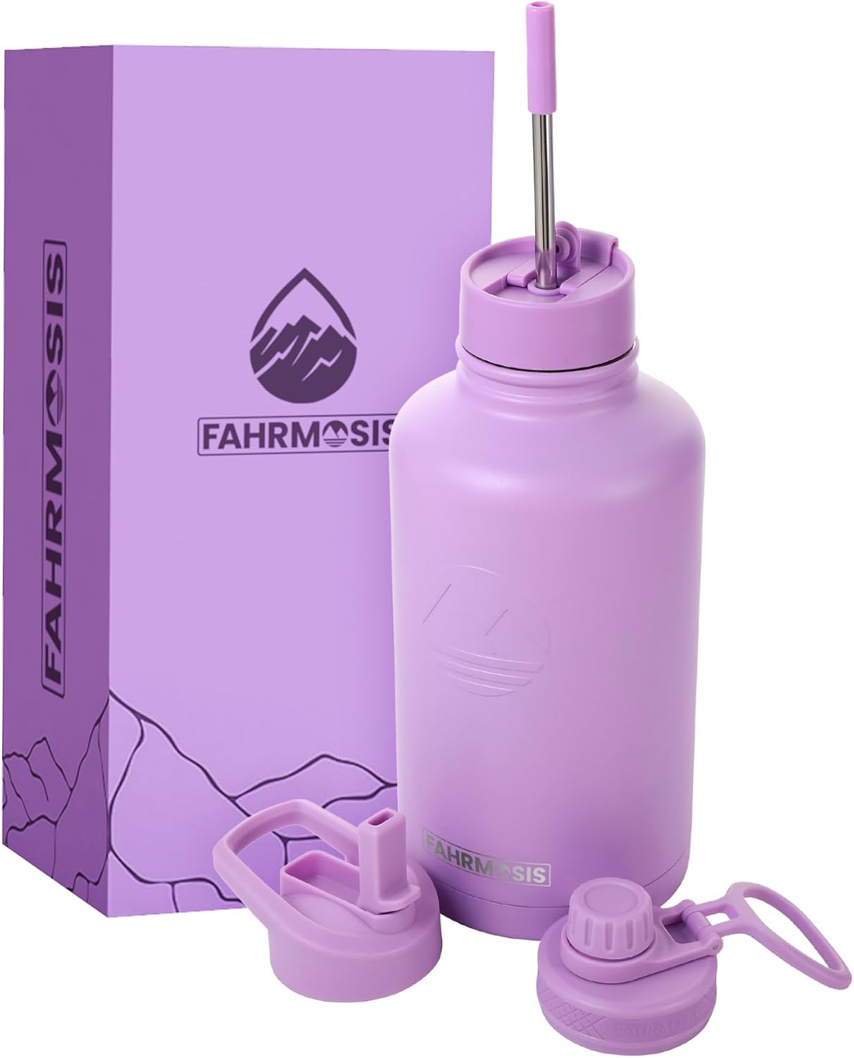 FAHRMOSIS 64 Oz Water Bottle with Straw Stainless Steel Sports Water Bottle with 3 Lids (Straw, Chug and Flip Lid) Leak Proof Metal Half Gallon Jug for Men & Women - Lavender
