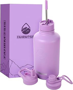 FAHRMOSIS 64 Oz Water Bottle with Straw Stainless Steel Sports Water Bottle with 3 Lids Straw, Chug and Flip Lid Leak Proof Metal Half Gallon Jug for Men & Women - Lavender