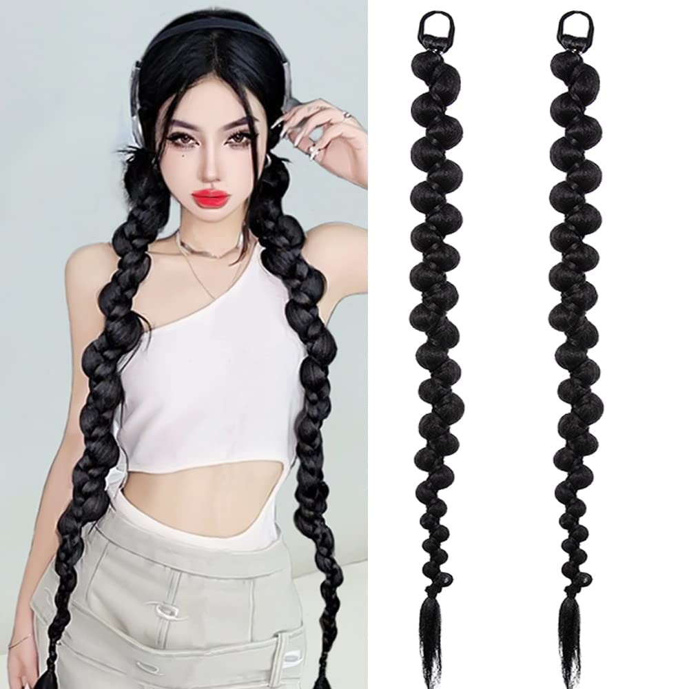 Braided Ponytail Extension, 2 Pcs Fashion Style Twist Butterfly Braided with Hair Tie, Natural Soft Synthetic Hair Straight Wrap Around Hair Extensions for Women Daily Wear (70cm, Black)