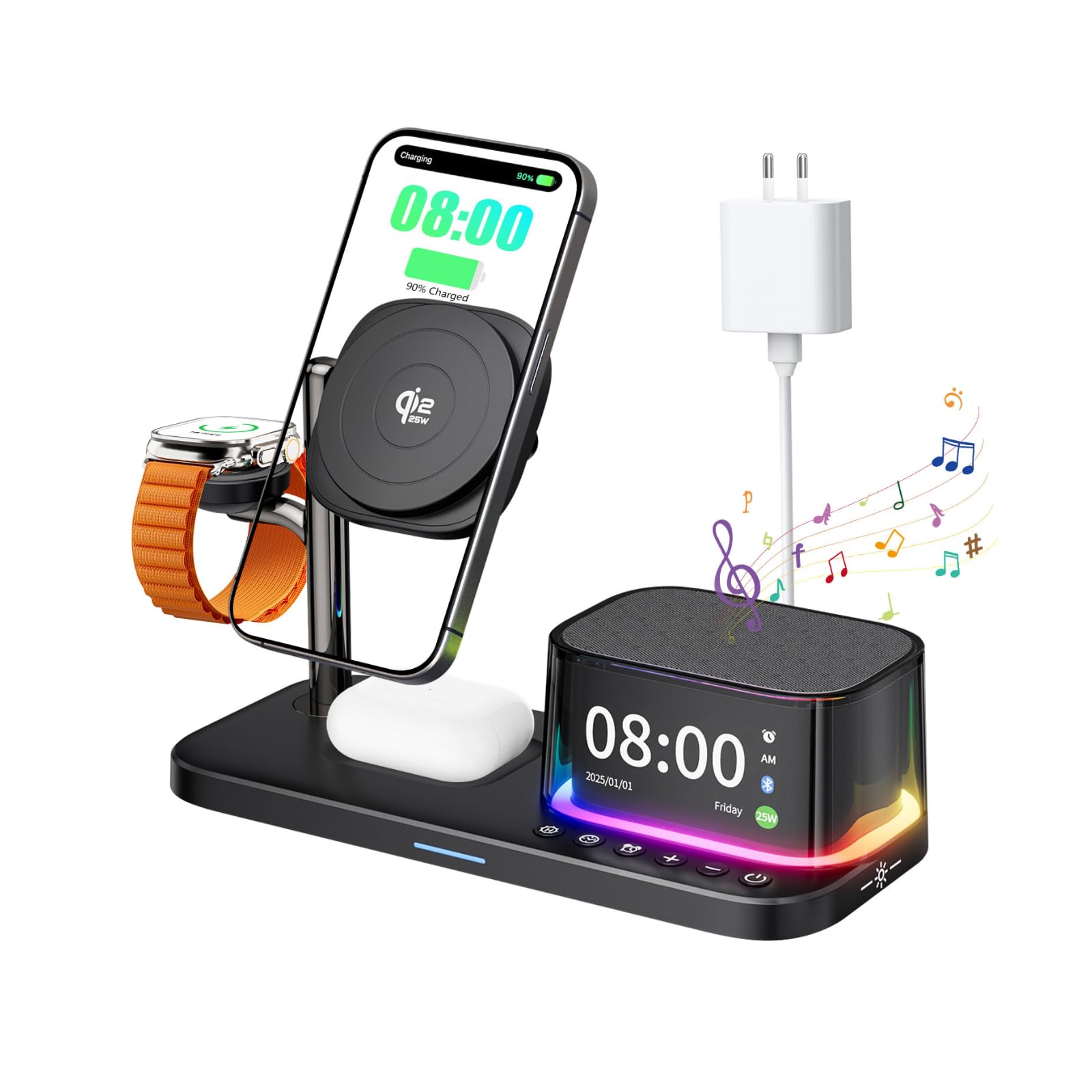 Caricabatterie wireless 7 in 1, altoparlante Bluetooth con sveglia, ricarica rapida per cellulari da 25W, luce d'atmosfera, compatibile con iPhone 17 16 15 Pro Max, auricolari, Samsung e Apple Watch