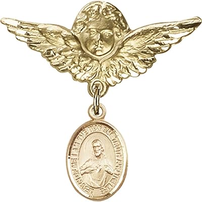 Gold Filled Baby Badge with Scapular Charm and Angel w/Wings Badge Pin 1 1/8 X 1 1/8 inches