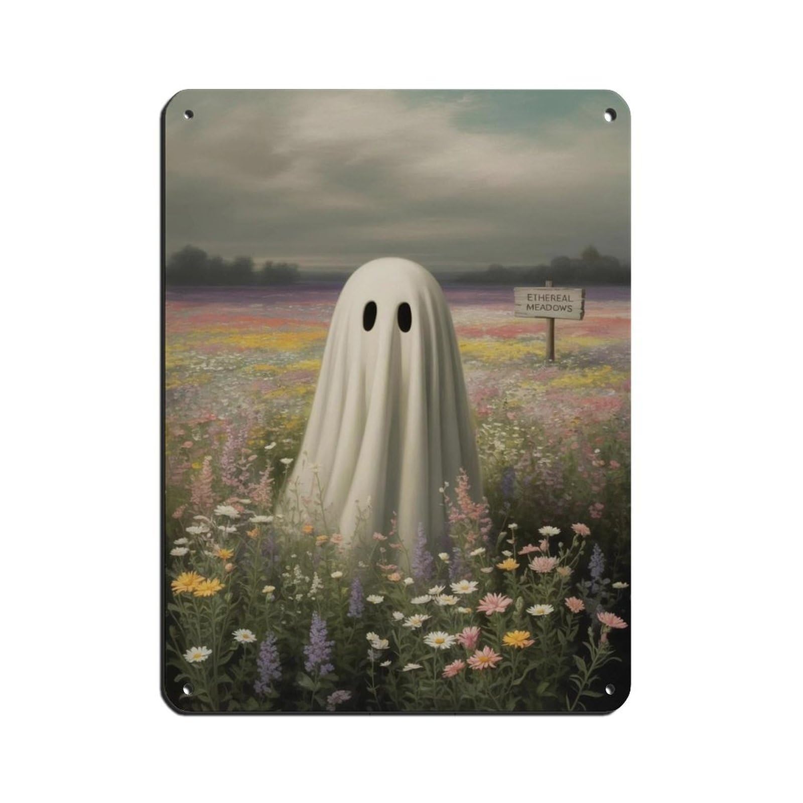 Ghost in The Wildflower Poster, Spooky Art Retro Poster Metal Tin Sign Chic Art Retro Iron Painting Bar People Cave Cafe Family Garage Poster Wall Decoration 12x16inch(30x40cm)