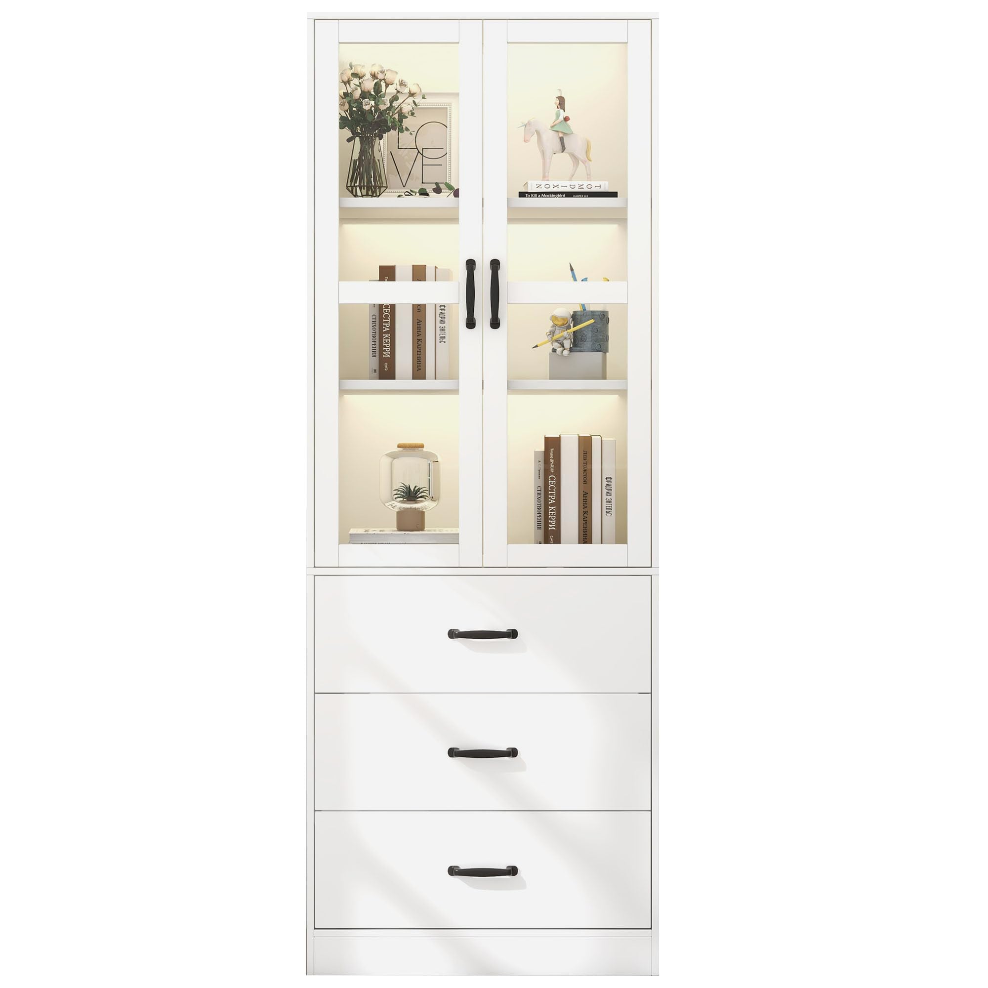 Libreria LED 200 cm, ante acriliche, 3 cassetti, bianco